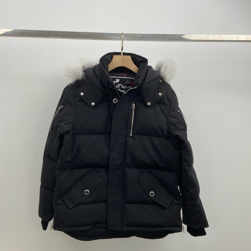 Moose Knuckles Men's Black Puffer Jacket with Fur-Trim Hood